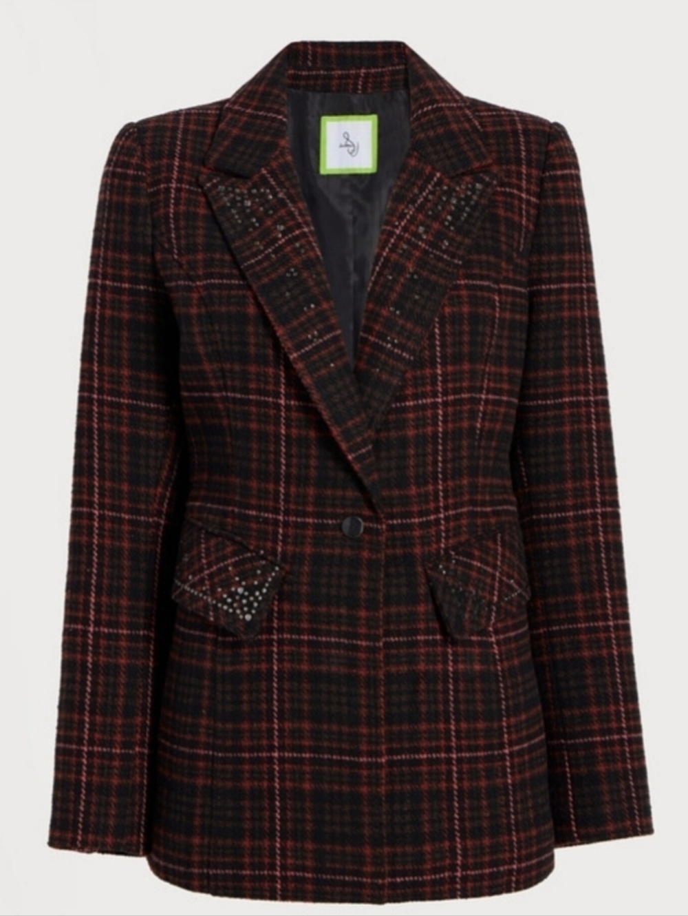 Sam Edelman Black and Red Plaid Single-Button Blazer with Stud Detail